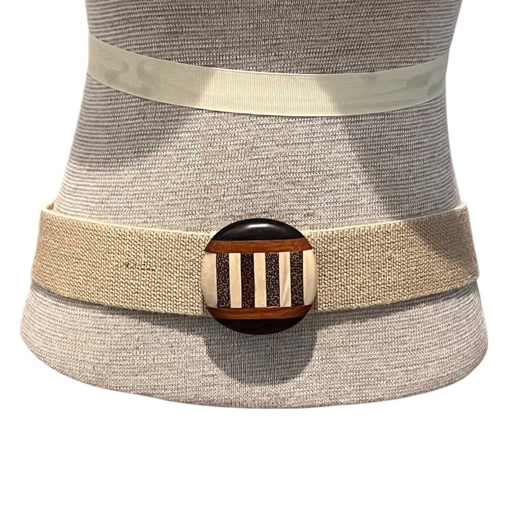 SizeS/M/L? Vintage Womens Woven Belt with Wooden Buckle Beige Striped Elastic
